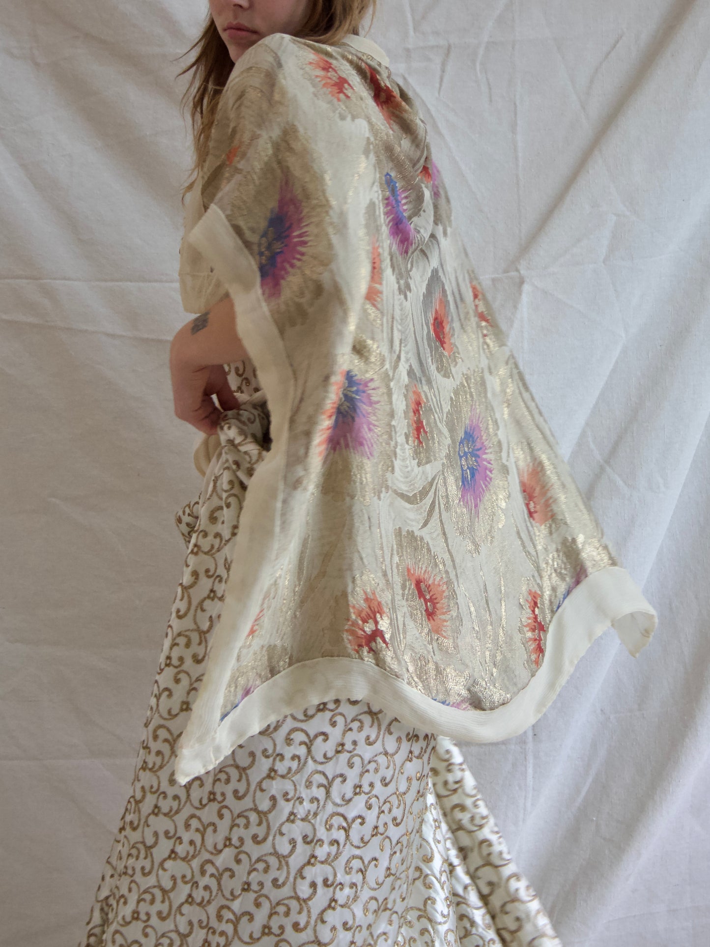 1930s Floral Lamé Chiffon Shawl W* Shoulder Straps