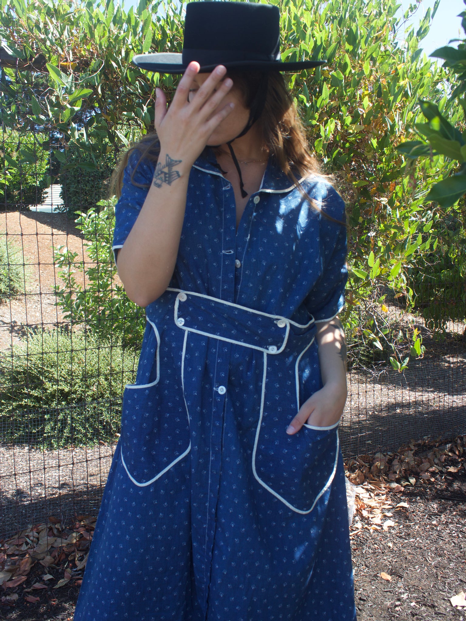 1920s Indigo Calico Belted Workwear Dress