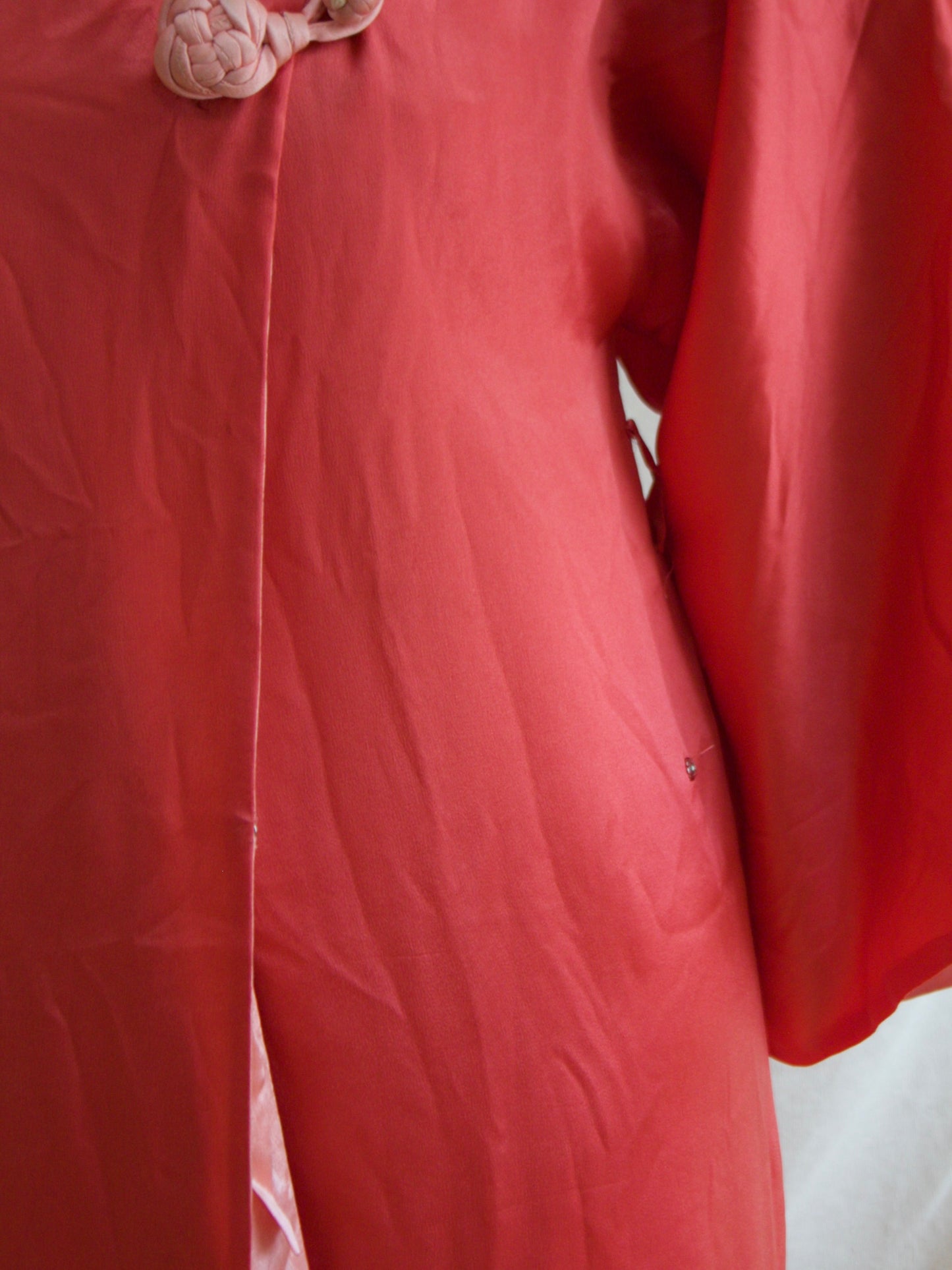 Antique 1920s Day-Glo Neon Coral Kimono Sleeve Silk Frog Closure Robe