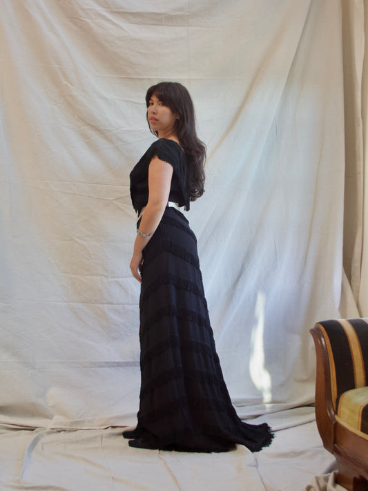 1940s Rayon Crepe Fringe Trained Gown