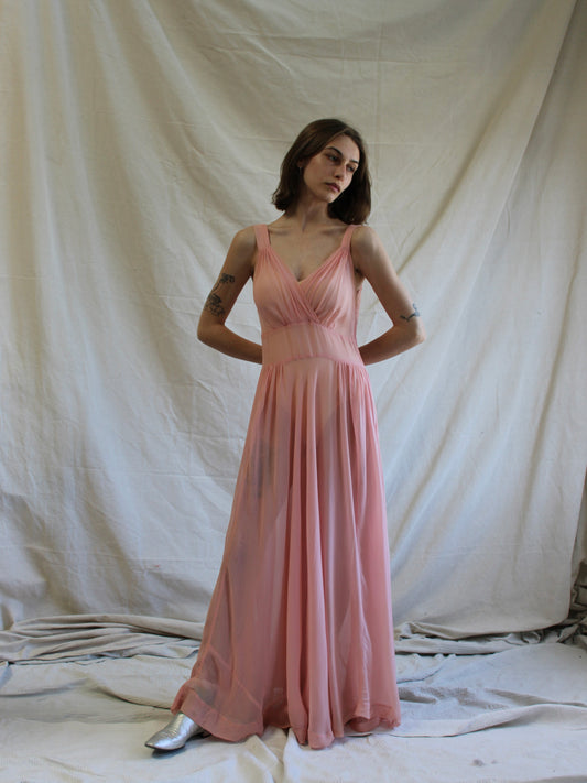 1930s Pale Pink Chiffon V Neck Dress