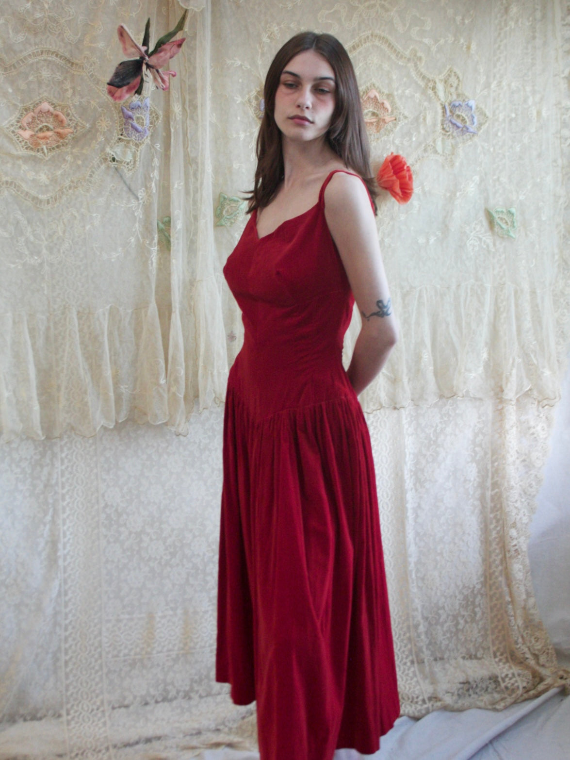 1950s Sweetheart Crimson Velveteen Basque Waist Dress