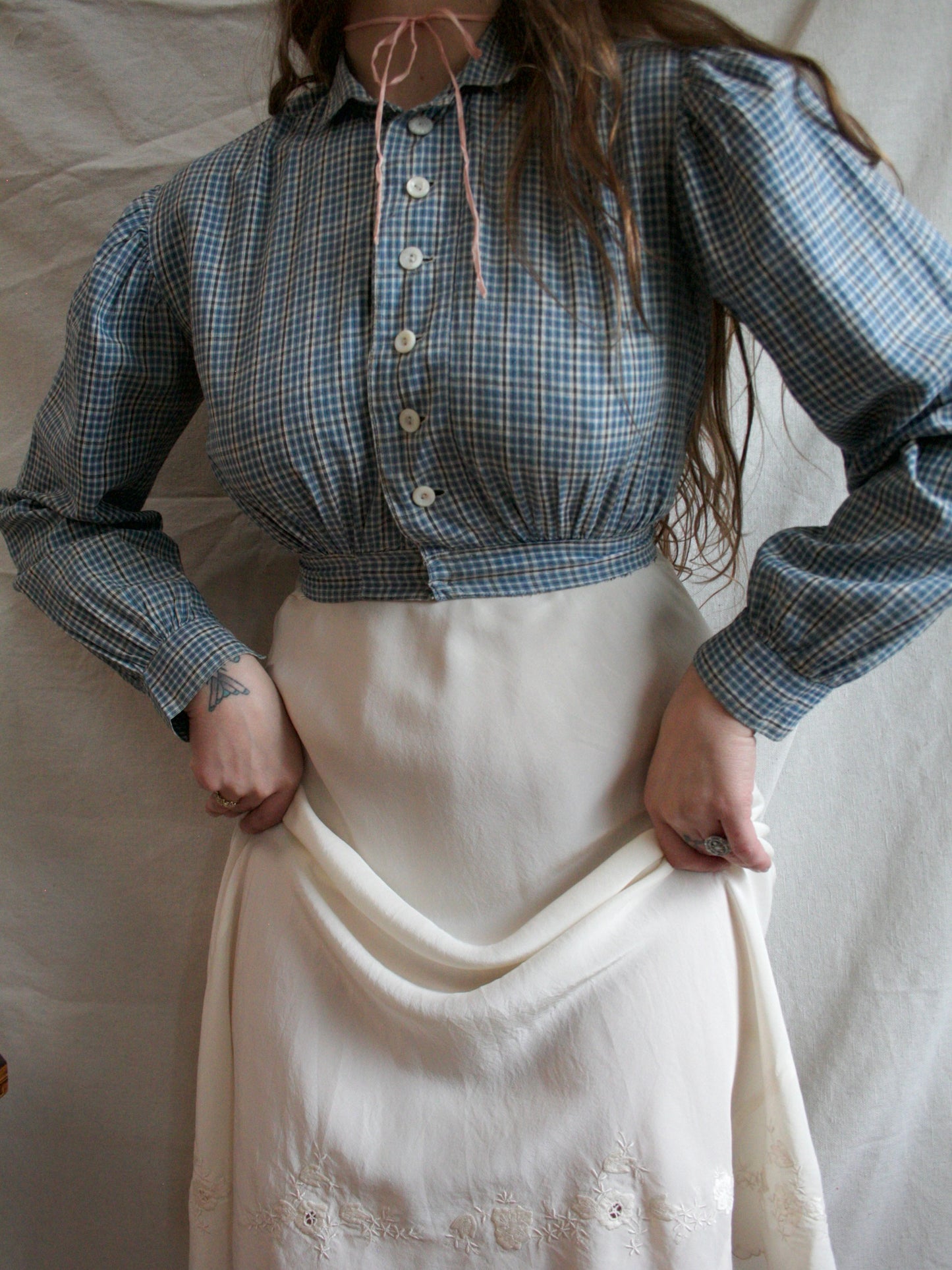 Antique 19th C Primitive Indigo Check Cropped Workwear Blouse