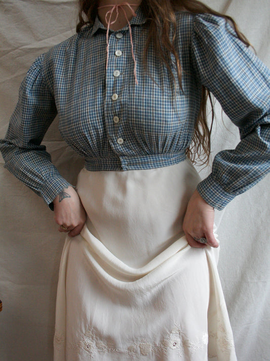 Antique 19th C Primitive Indigo Check Cropped Workwear Blouse