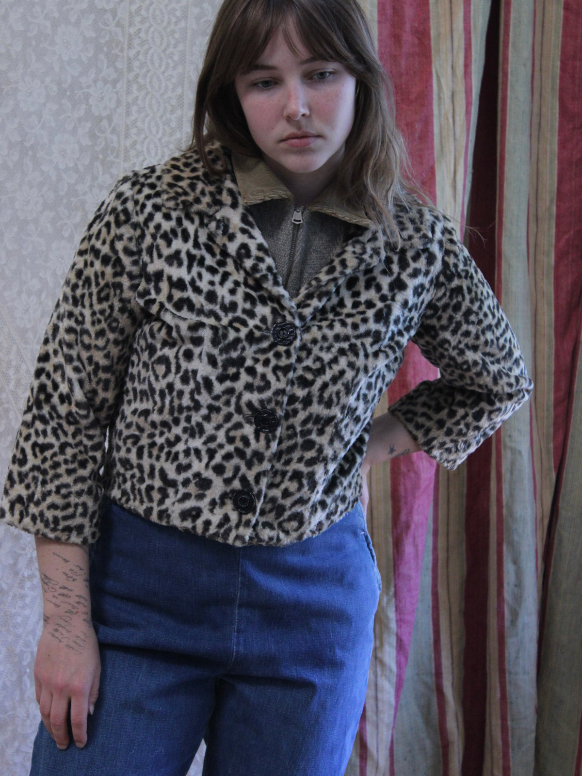 1950s Leopard Print Faux Fur Cropped Jacket