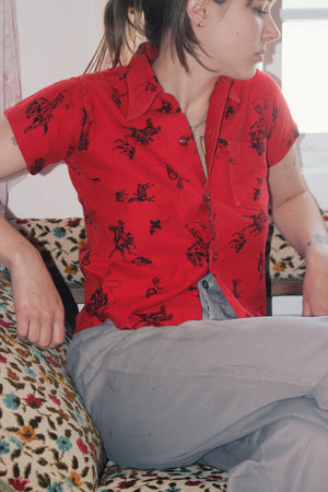 1950s Western Cowboy Print Cherry Red Cotton Flannel Shirt