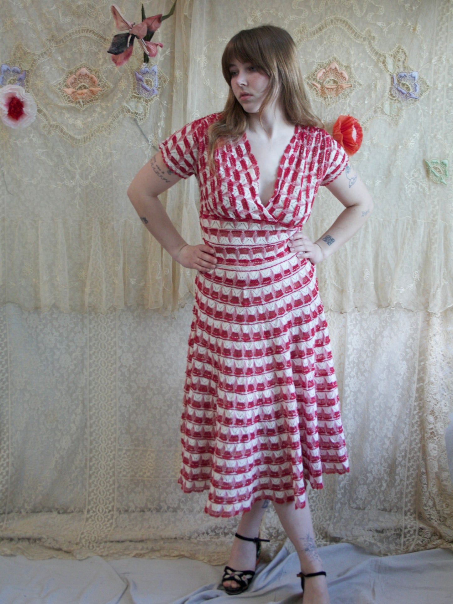 1950s Red/ White Crochet Knit Dress