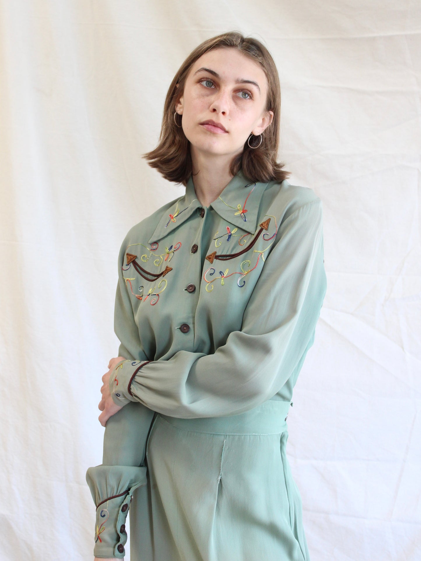 1940s Faded Green Gabardine Western Chain-stitched 2 PC Sportswear Set