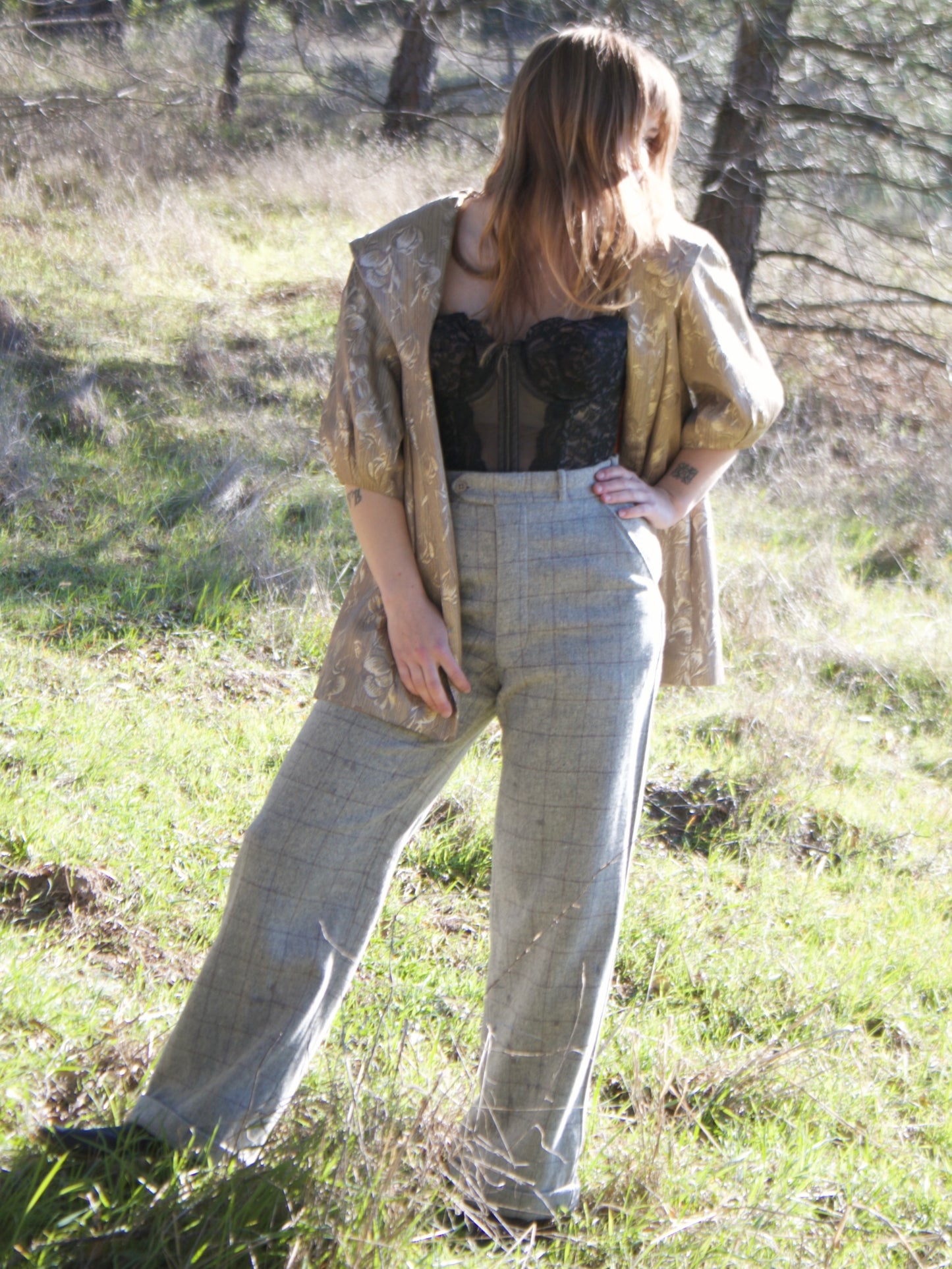 1940s 'Rough Rider' Windowpane Plaid Slate Grey Wool Side Buckle Trousers