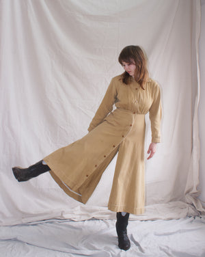 RARE 1910s Khaki Jean Womens Riding Habit Divideded Skirt Overall / Sportswear Jumpsuit