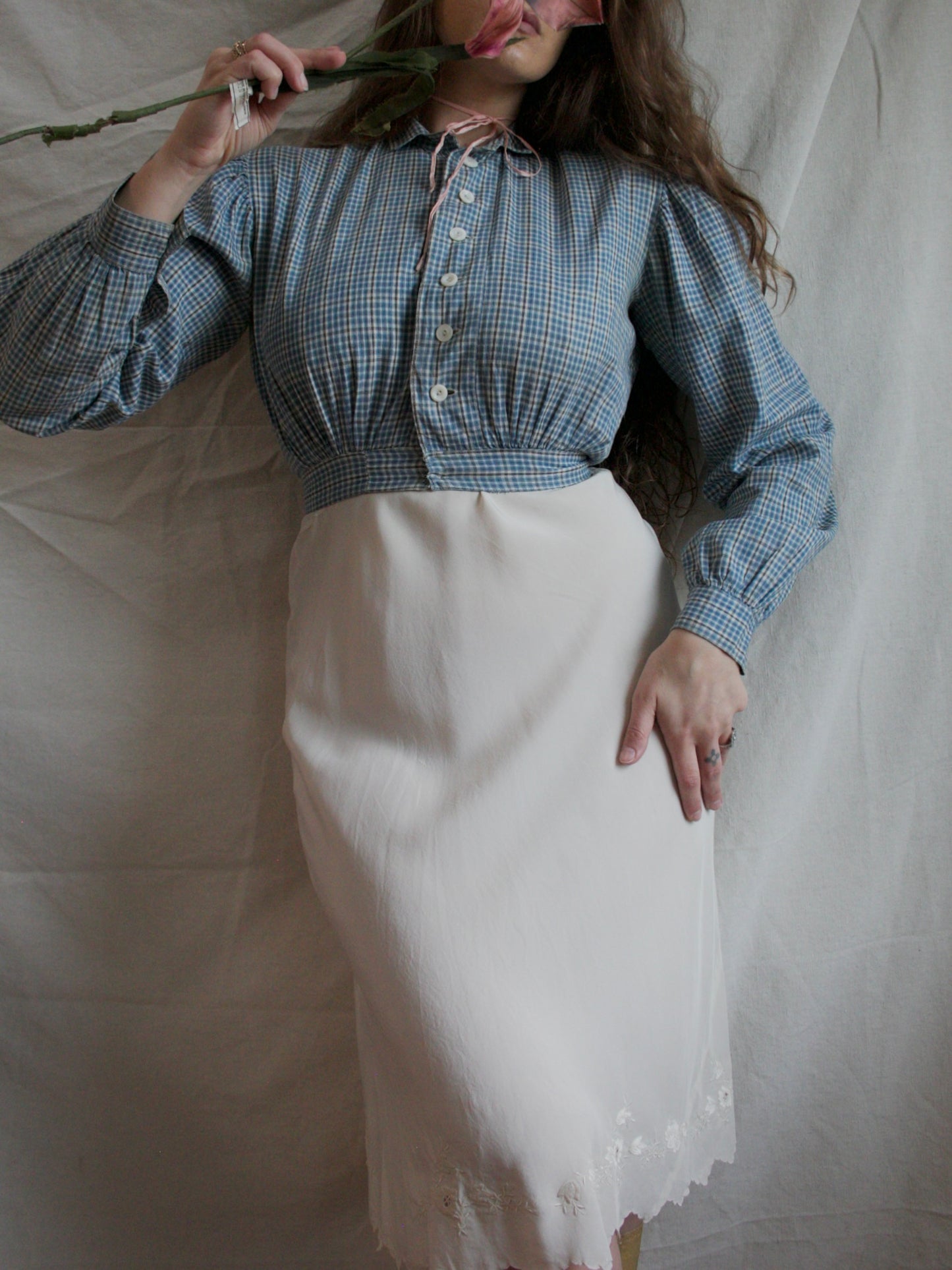 Antique 19th C Primitive Indigo Check Cropped Workwear Blouse