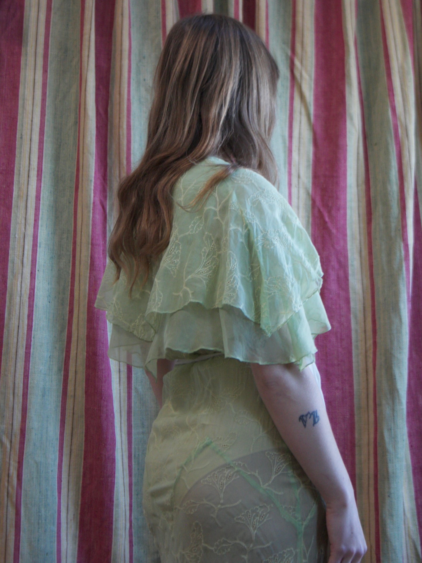 1930s Lime Embroideed Silk Chiffon Capelet Bias Cut Gown