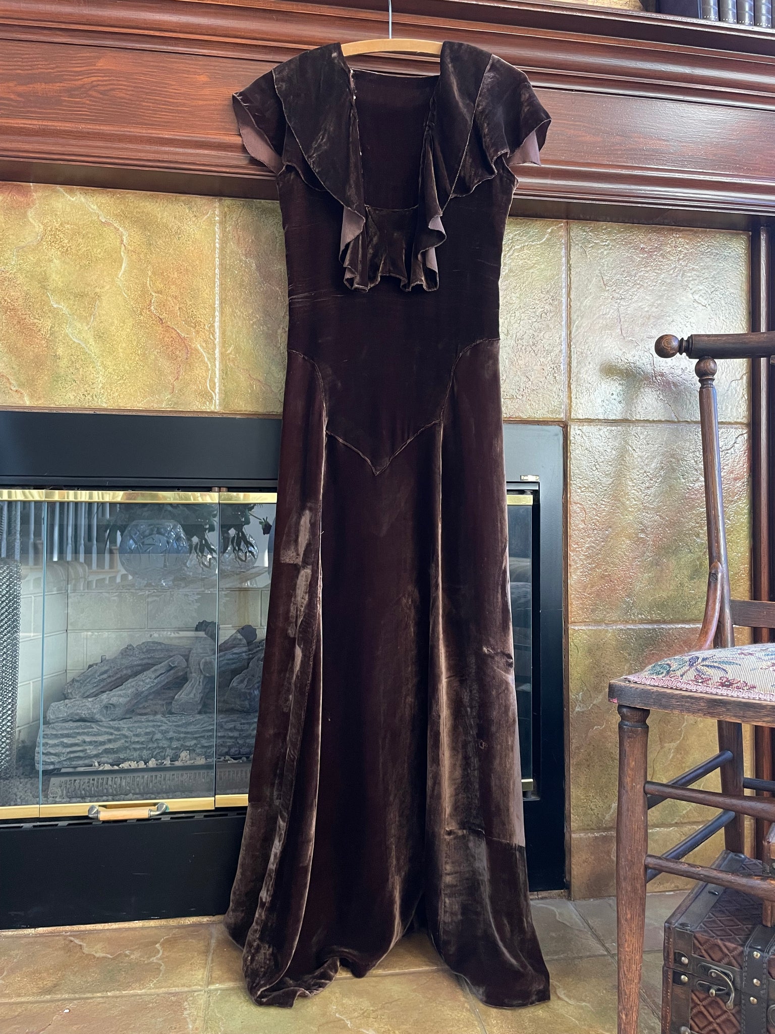 1930s Chocolate Brown Tiered Ruffle Shoulder Silk Velvet Dress