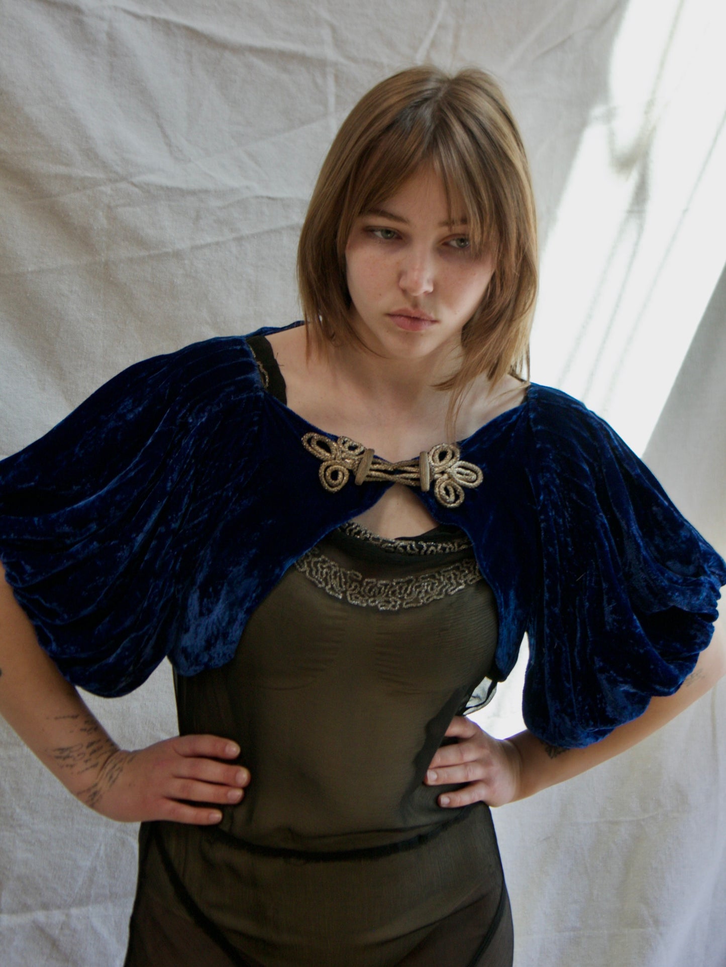 1930s Cobalt Silk Velvet Lamè Trim Puff Sleeve Bolero