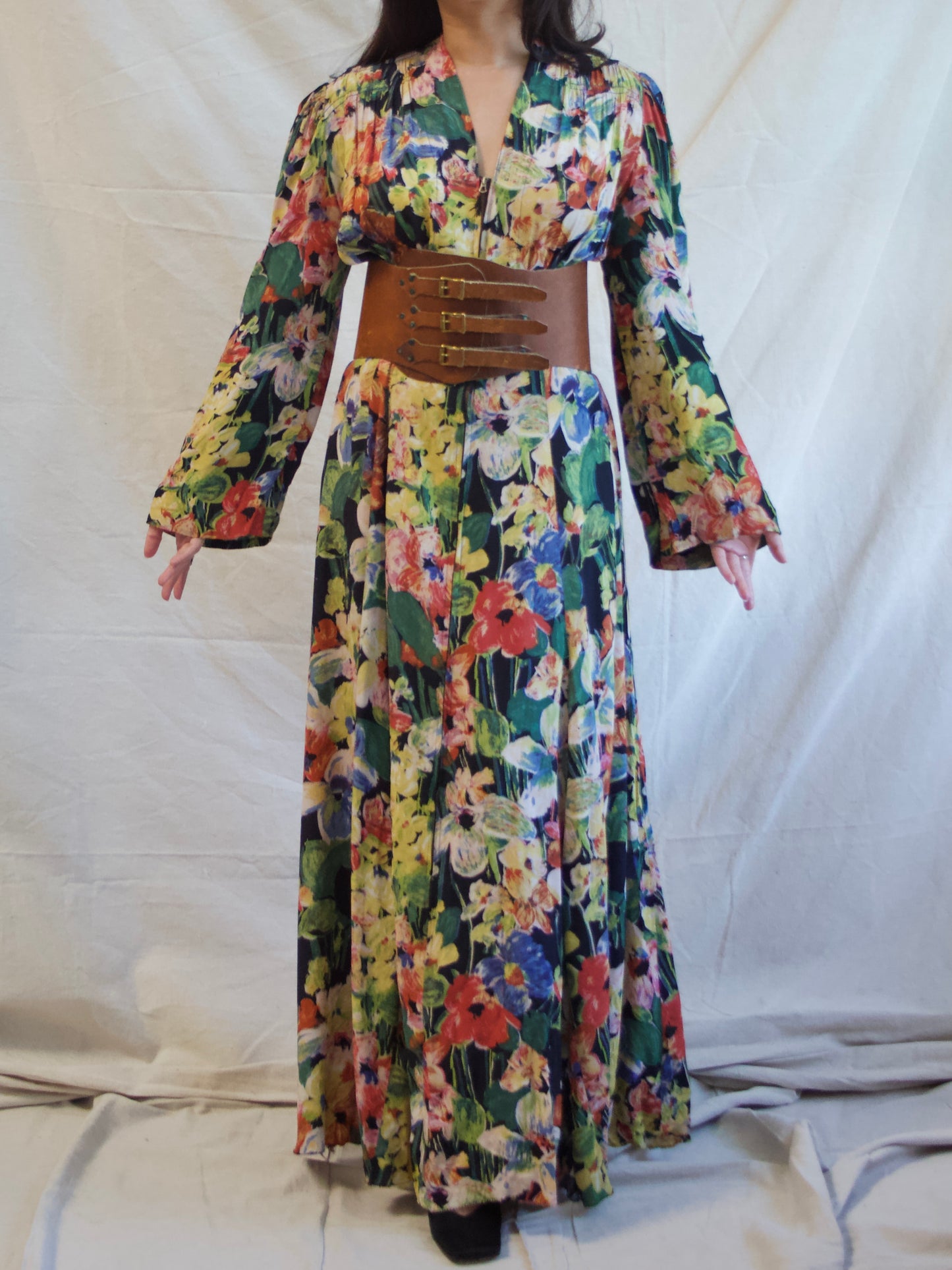 1930s Zip Front Puff Bell Sleeve Floral Silk Crepe Dress
