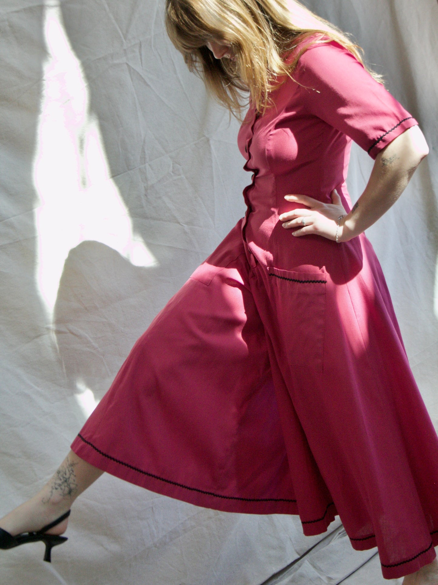 1940s Magenta Palazzo Pant Button Front Jumpsuit