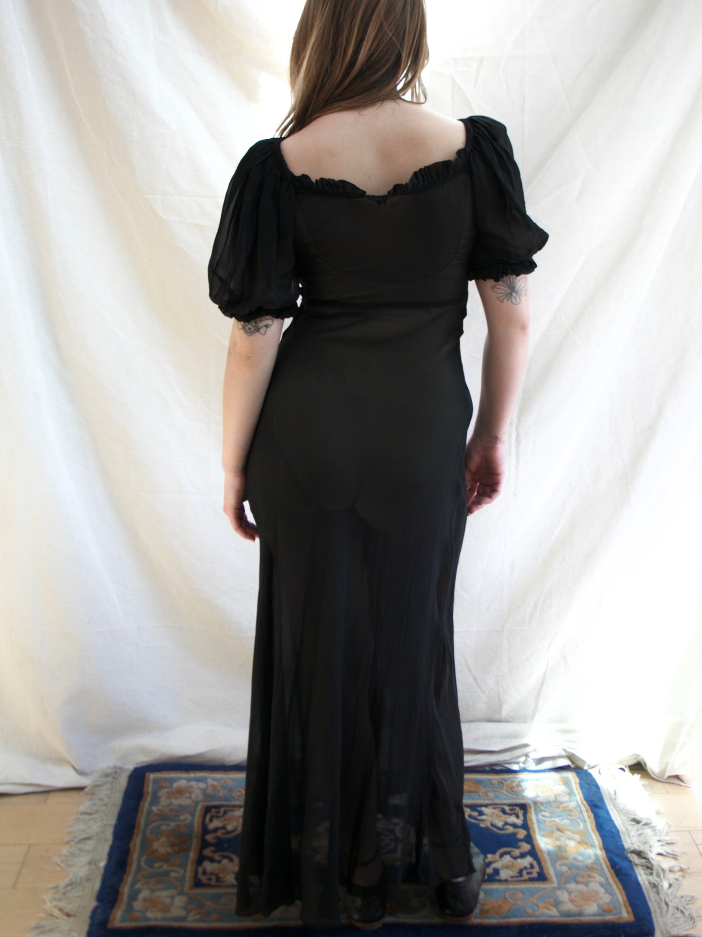 1930s Vampy Chiffon Bias Cut Puff Sleeve Dress