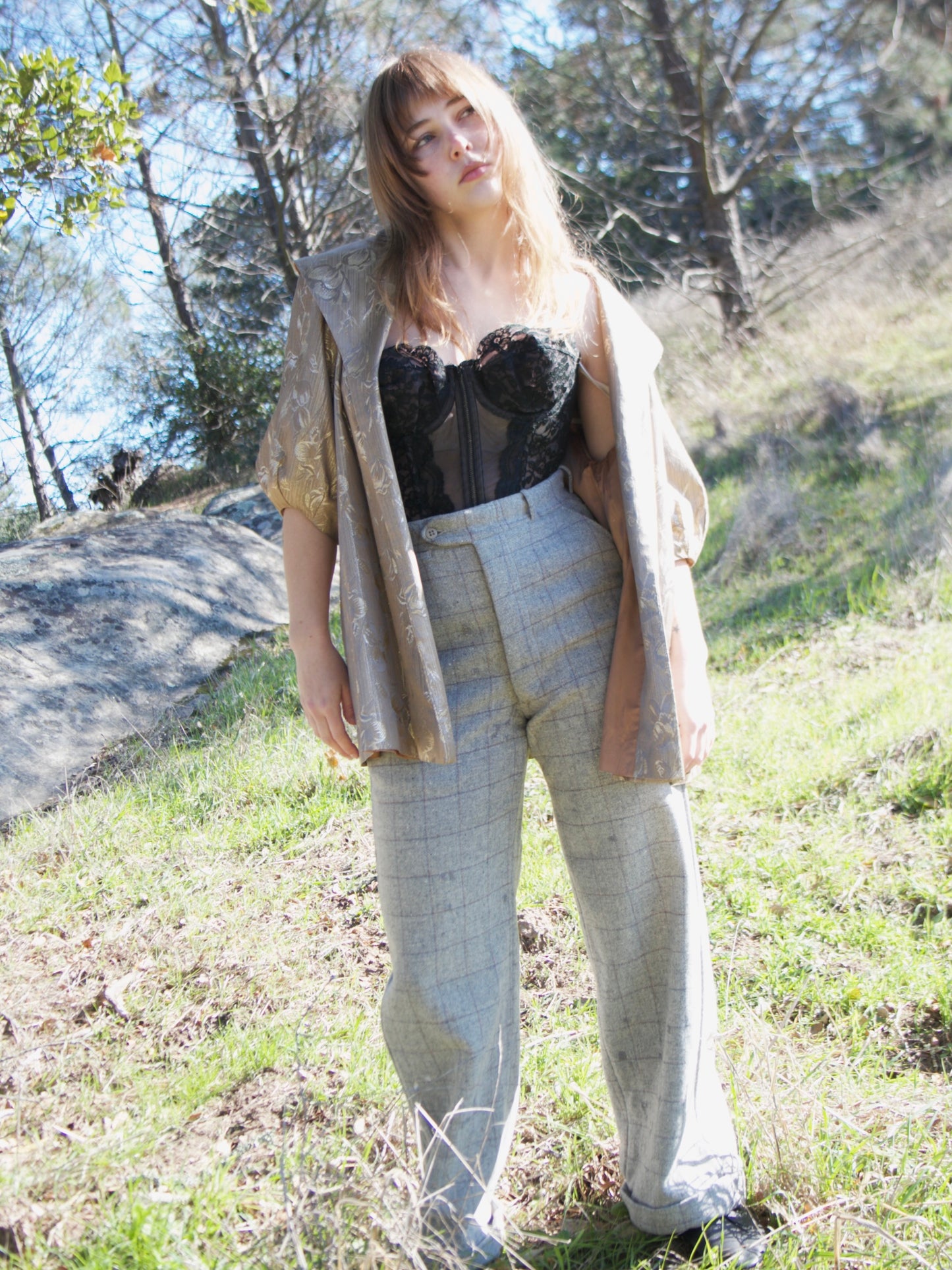 1940s 'Rough Rider' Windowpane Plaid Slate Grey Wool Side Buckle Trousers