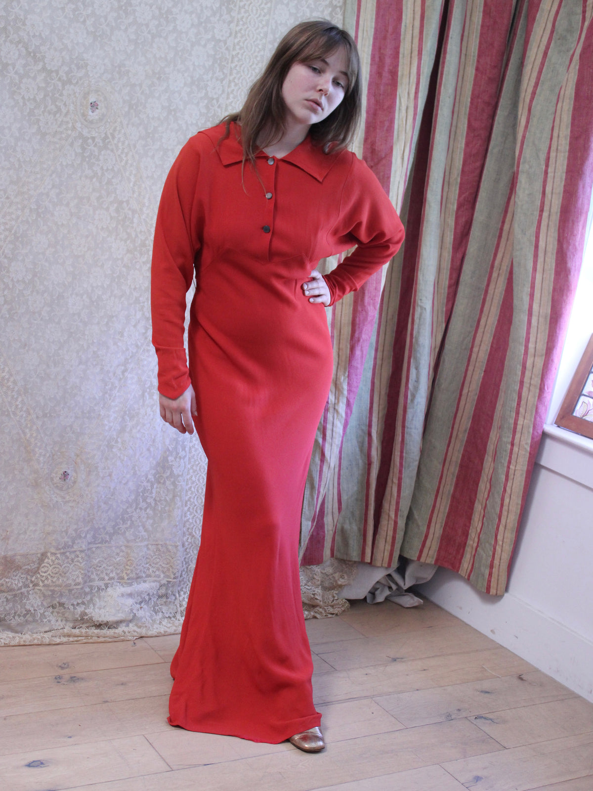 1930s Tomato Red Keyhole Back Rayon Crepe Bias Gown