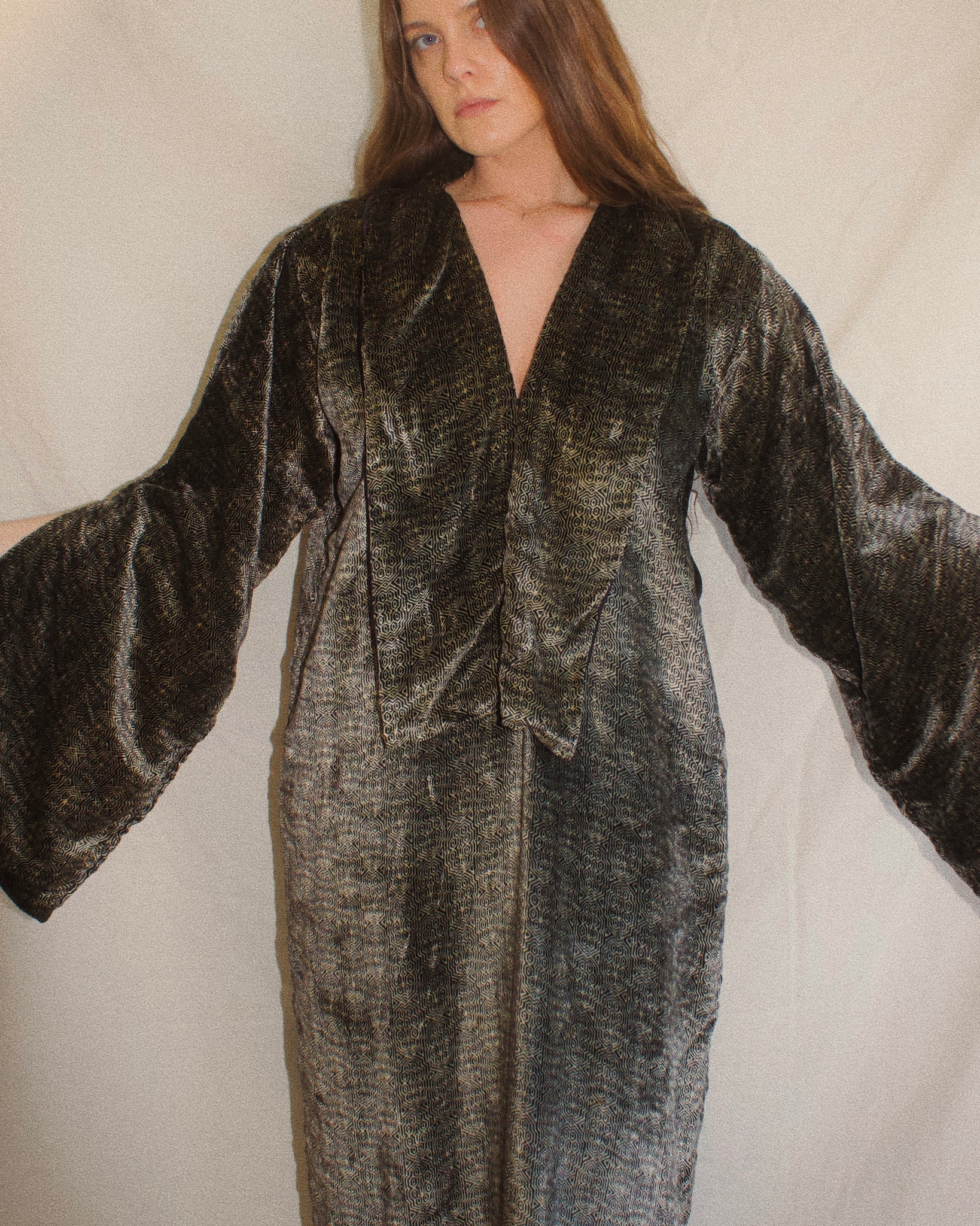 Rare Antique Late 1910s Geometric Printed Silk Velvet Trained Column Gown