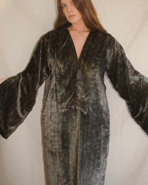 Rare Antique Late 1910s Geometric Printed Silk Velvet Trained Column Gown