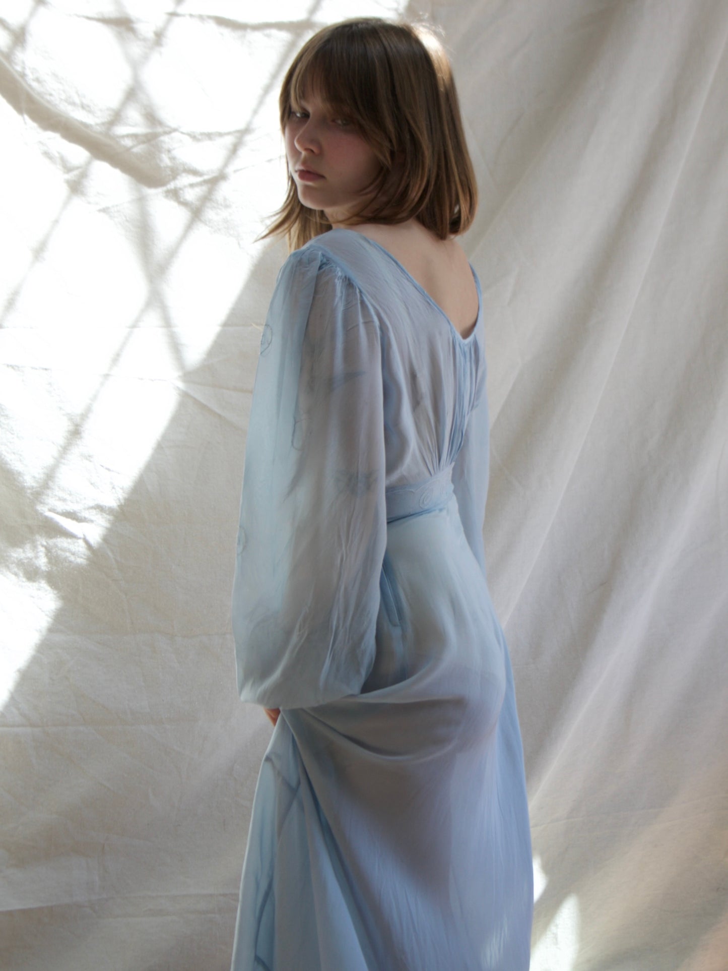1930s Balloon Sleeve Baby Blue Sheer Gown