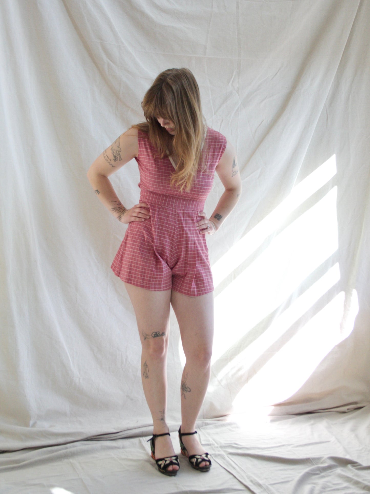 1930s/1940s Bell Back Zip Windowpane Pink Playsuit