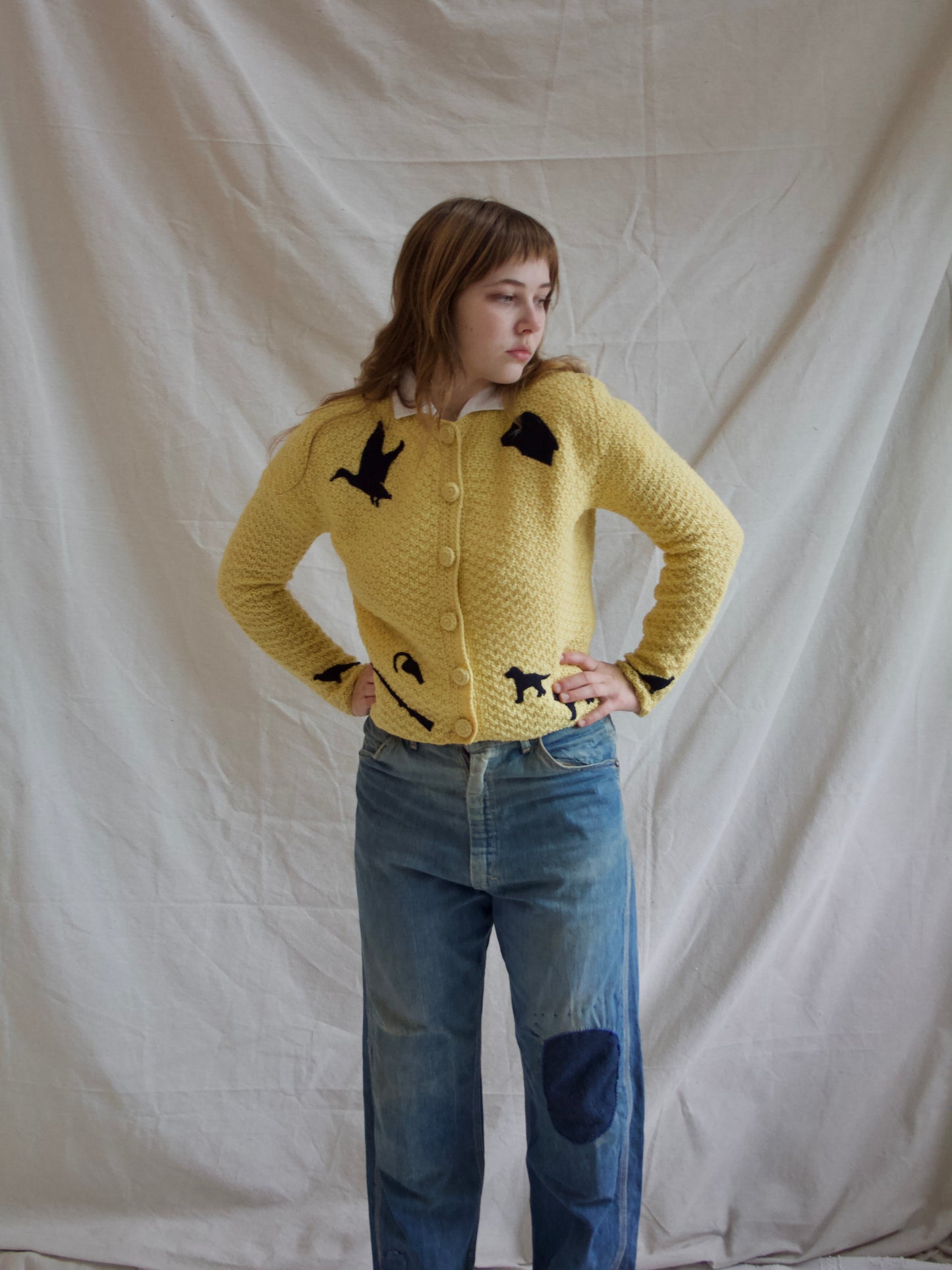 Special 1940s Wool Knit Hunting Theme Felt Appliqué Cardigan