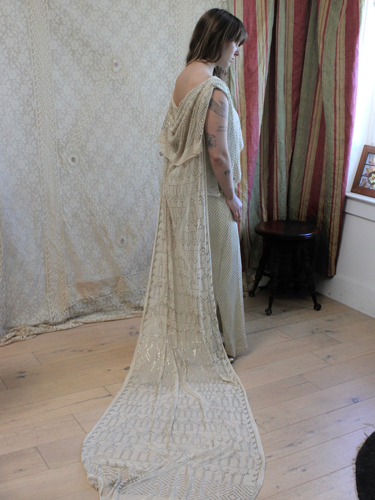 Antique 1920s Assuit Grecian Draped Back Trained Bridal Gown