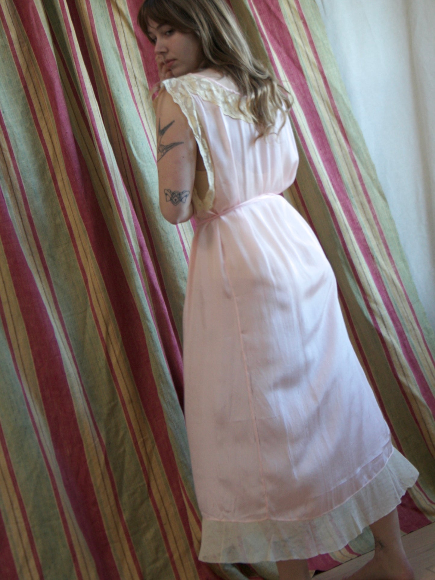 Antique 1920s Pale Pink Pin-tuck Silk Ecru Lace Slip Dress