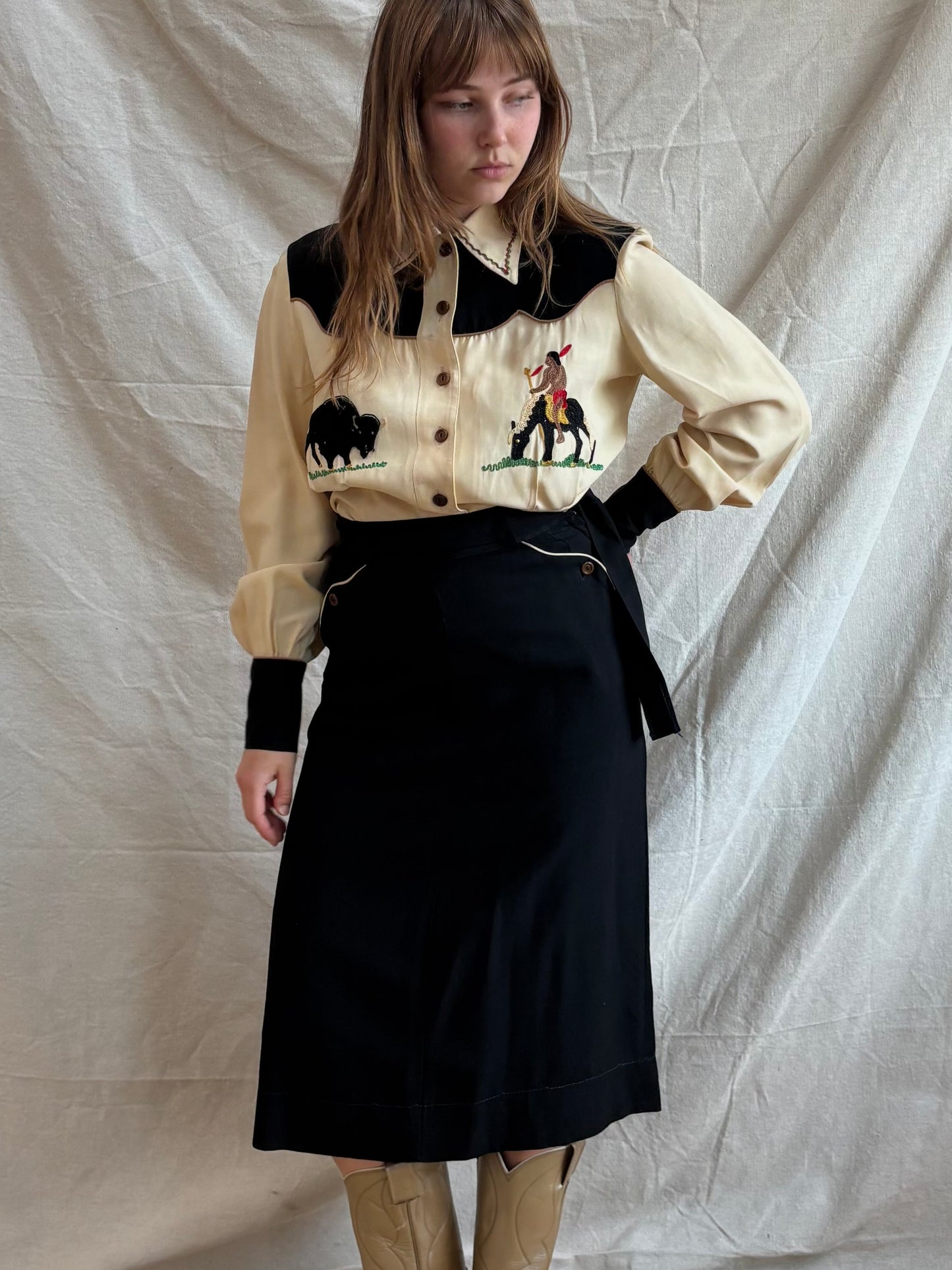 1940s 2PC Western Rayon Gab Chain-stiched Skirt Blouse Set