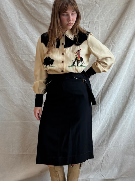 1940s 2PC Western Rayon Gab Chain-stiched Skirt Blouse Set