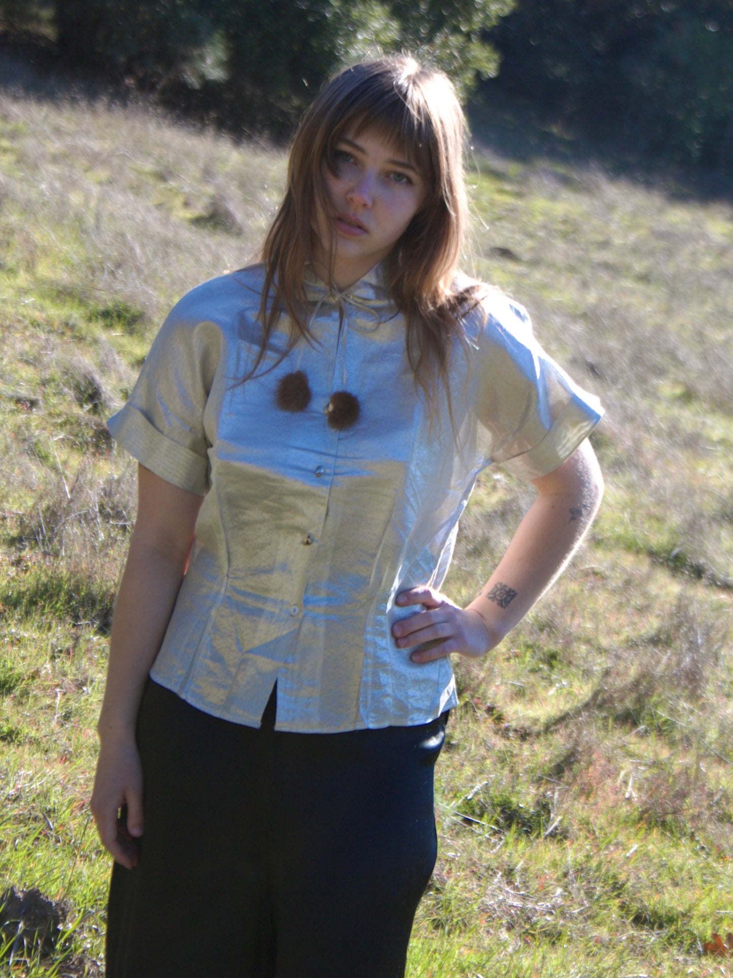 1950s Deadstock Silver Lamé Fur Trim Blouse