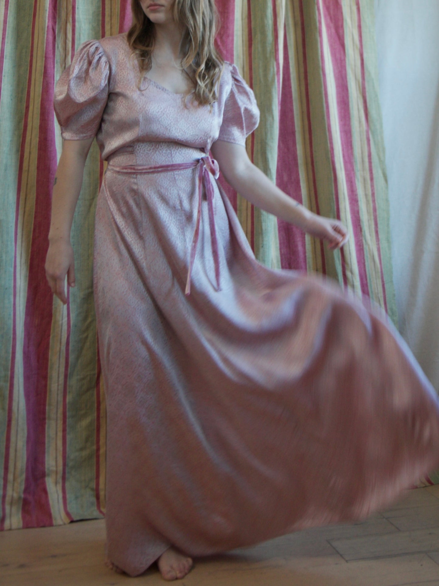 1940s Puff Sleeve Printed Rayon Satin Belted Dress