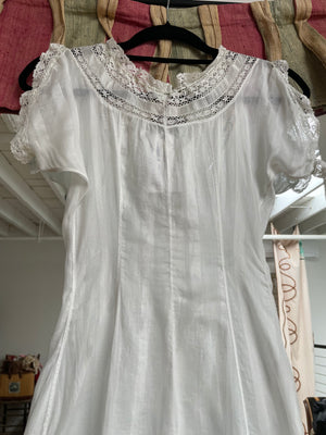 1910s Edwardian Fine Cotton Insertion Lace Woven Ribbon Princess Seam Dress