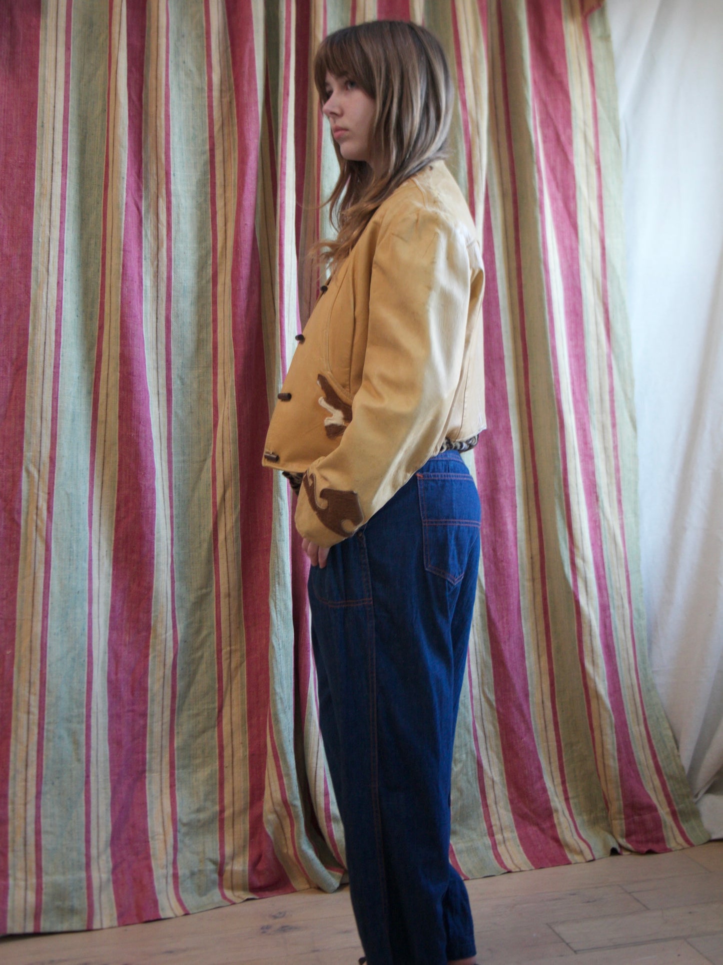 1940s Western Cognac Leather Pony Hair Yoke Jacket