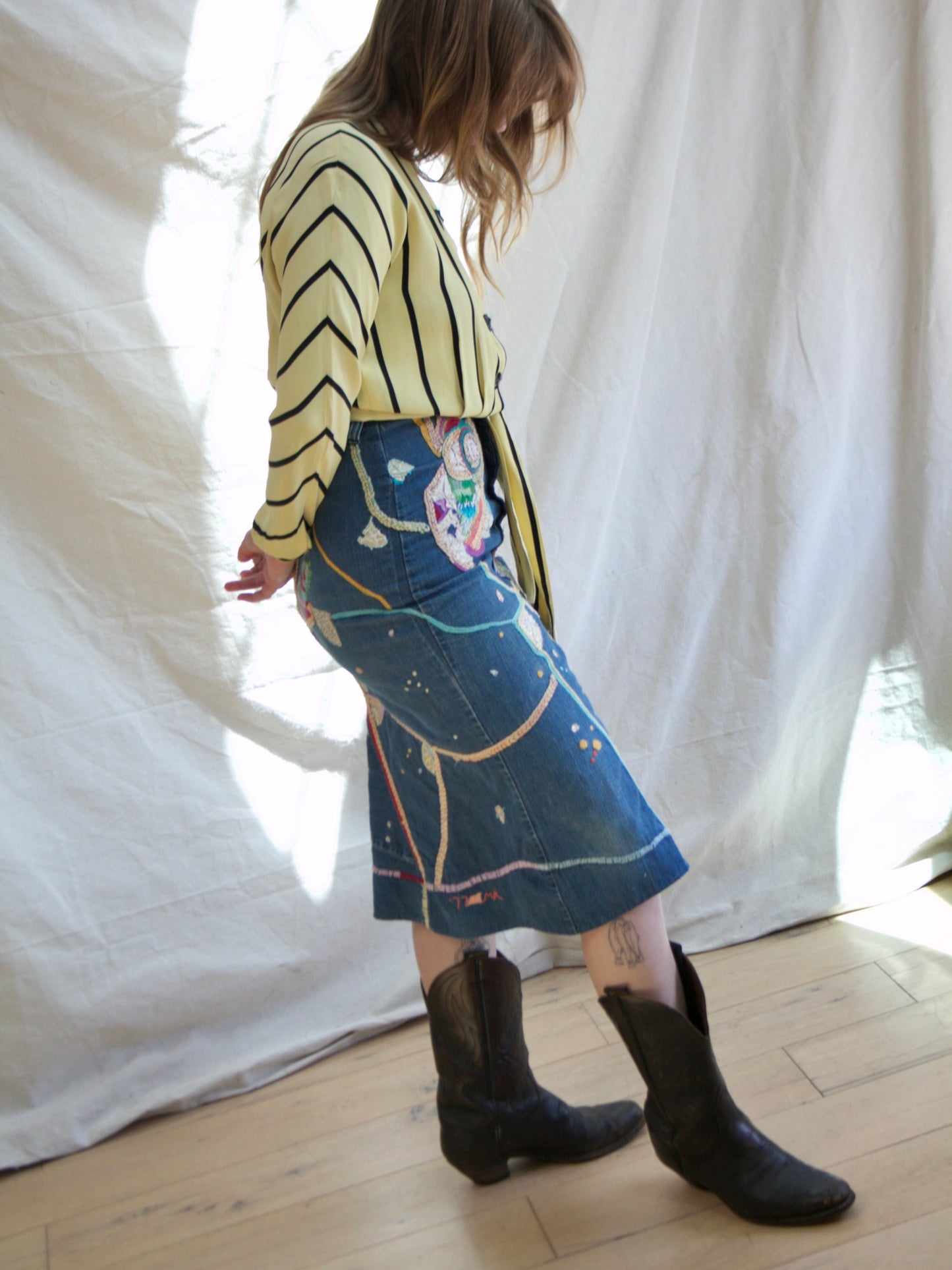 Hand Made 1977 Dated Embroidered Denim Hippie Skirt