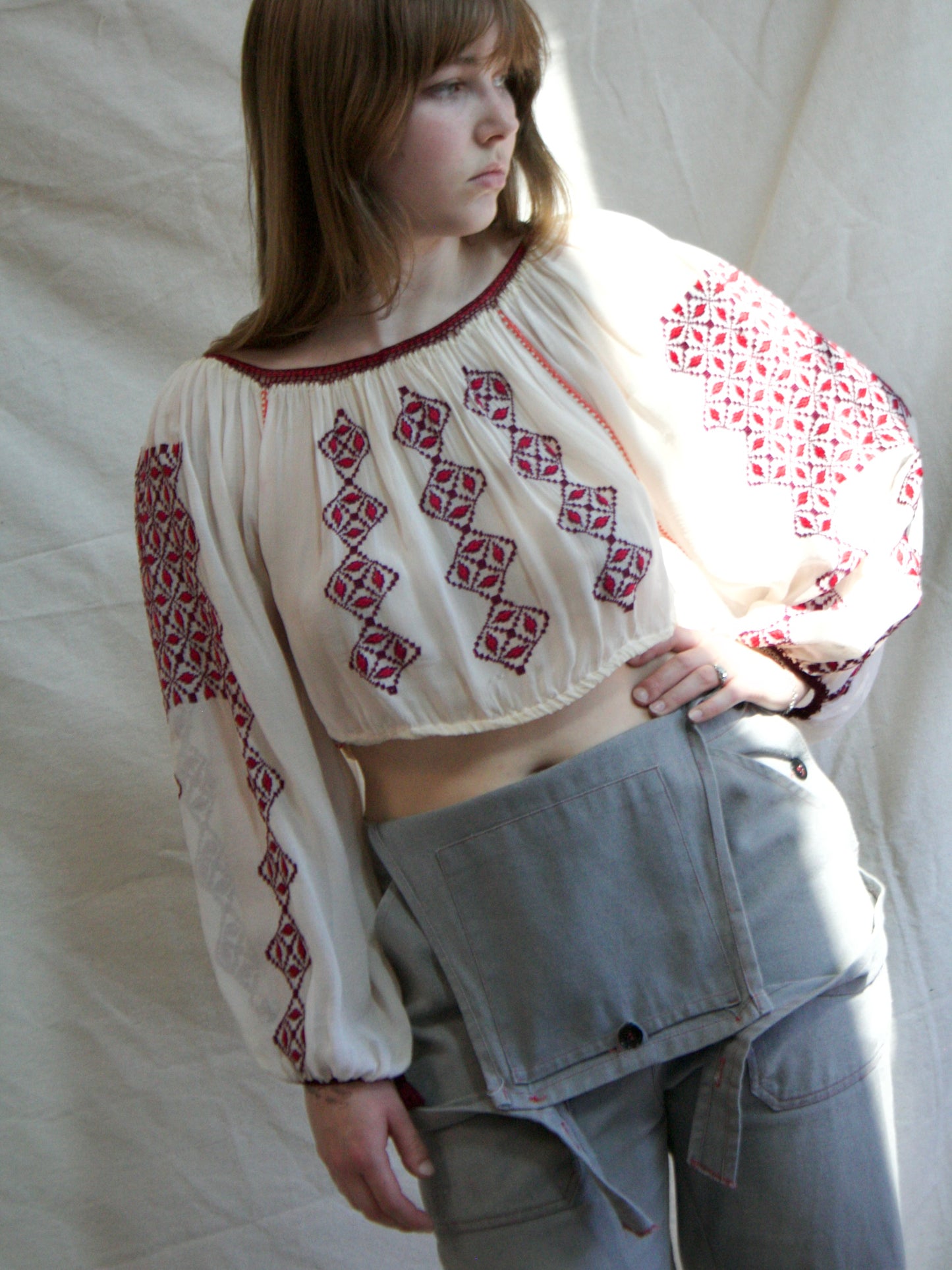 Antique Fine Poet Sleeve Romanian Embroidered Cropped Blouse