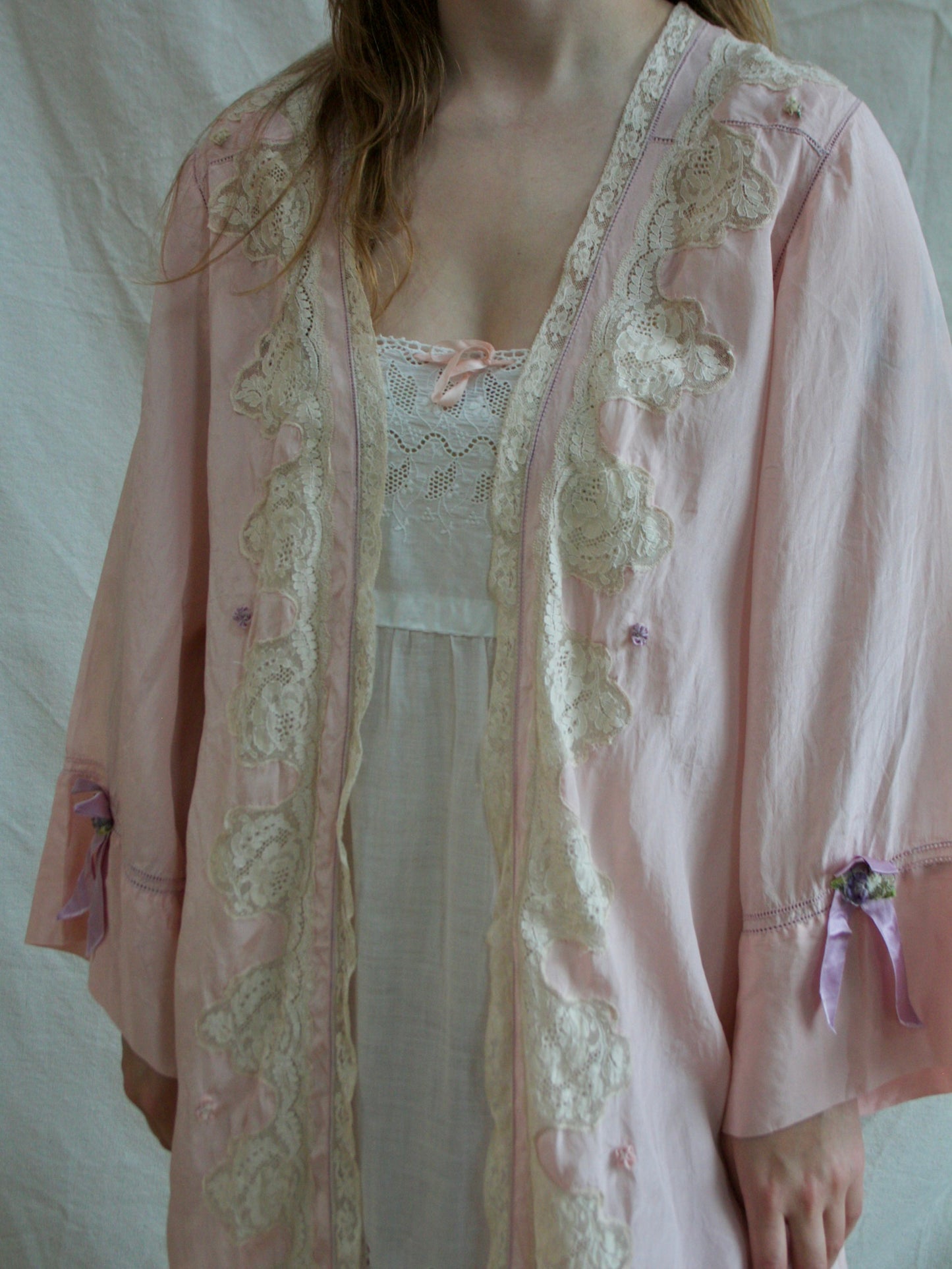 19930s Silk Crepe De Chine Inset Lace Rosette Lingerie Robe