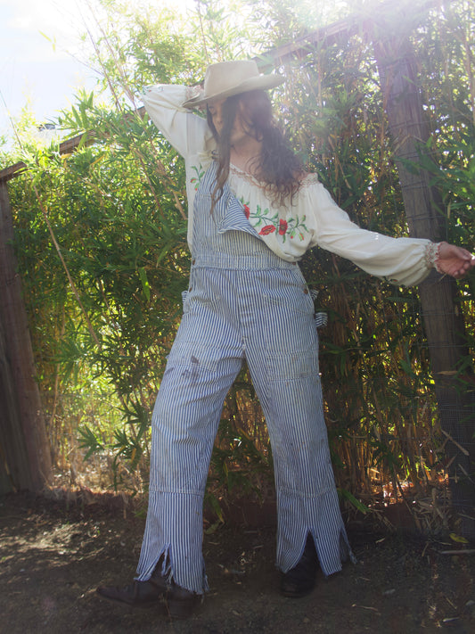 1940s Lee Faded Hickory Stripe Carpenter Workwear Scarecrow Hem Overalls