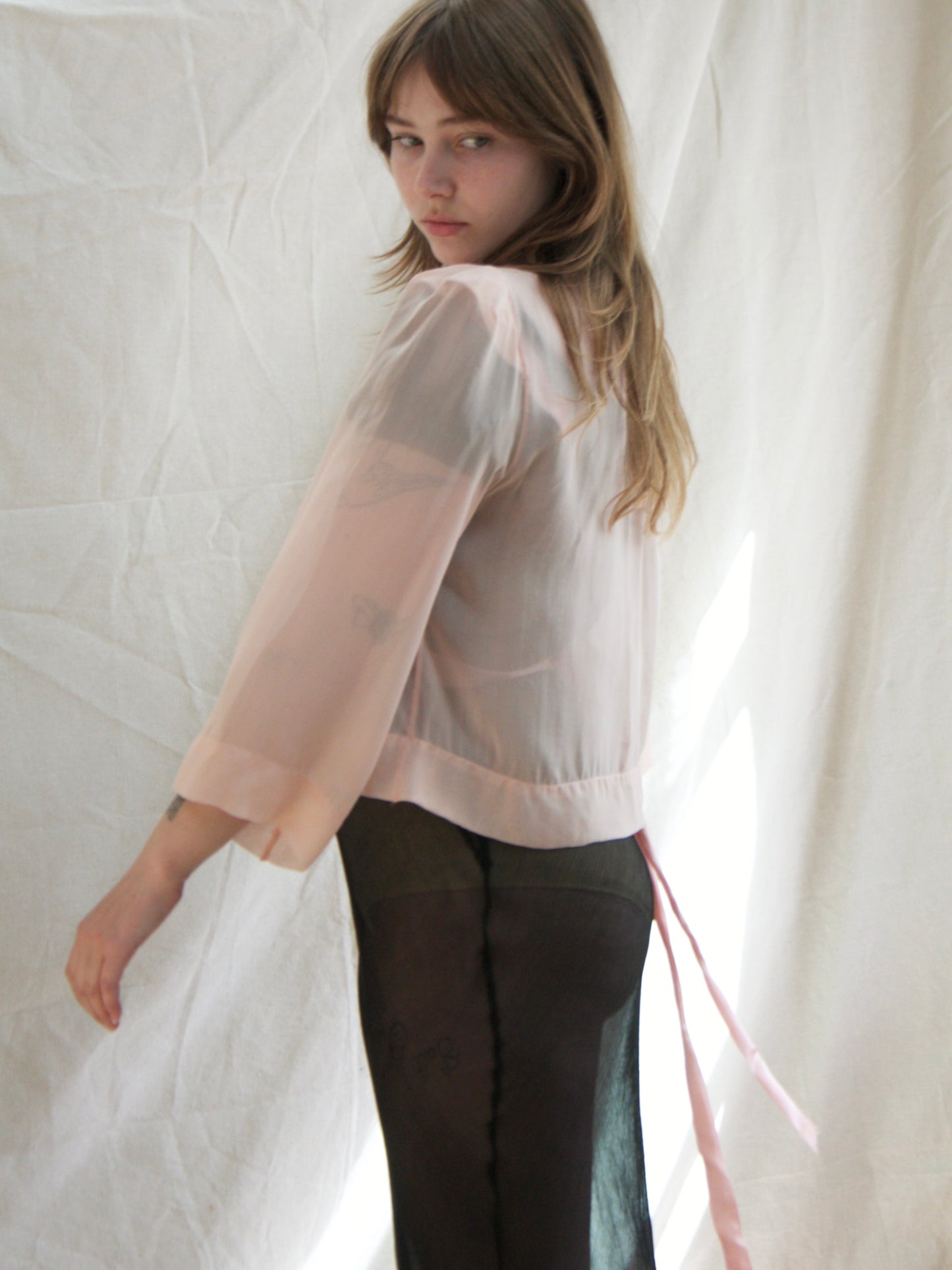 1930s Pale Pink Chiffon Peaked Shoulders Over Jacket