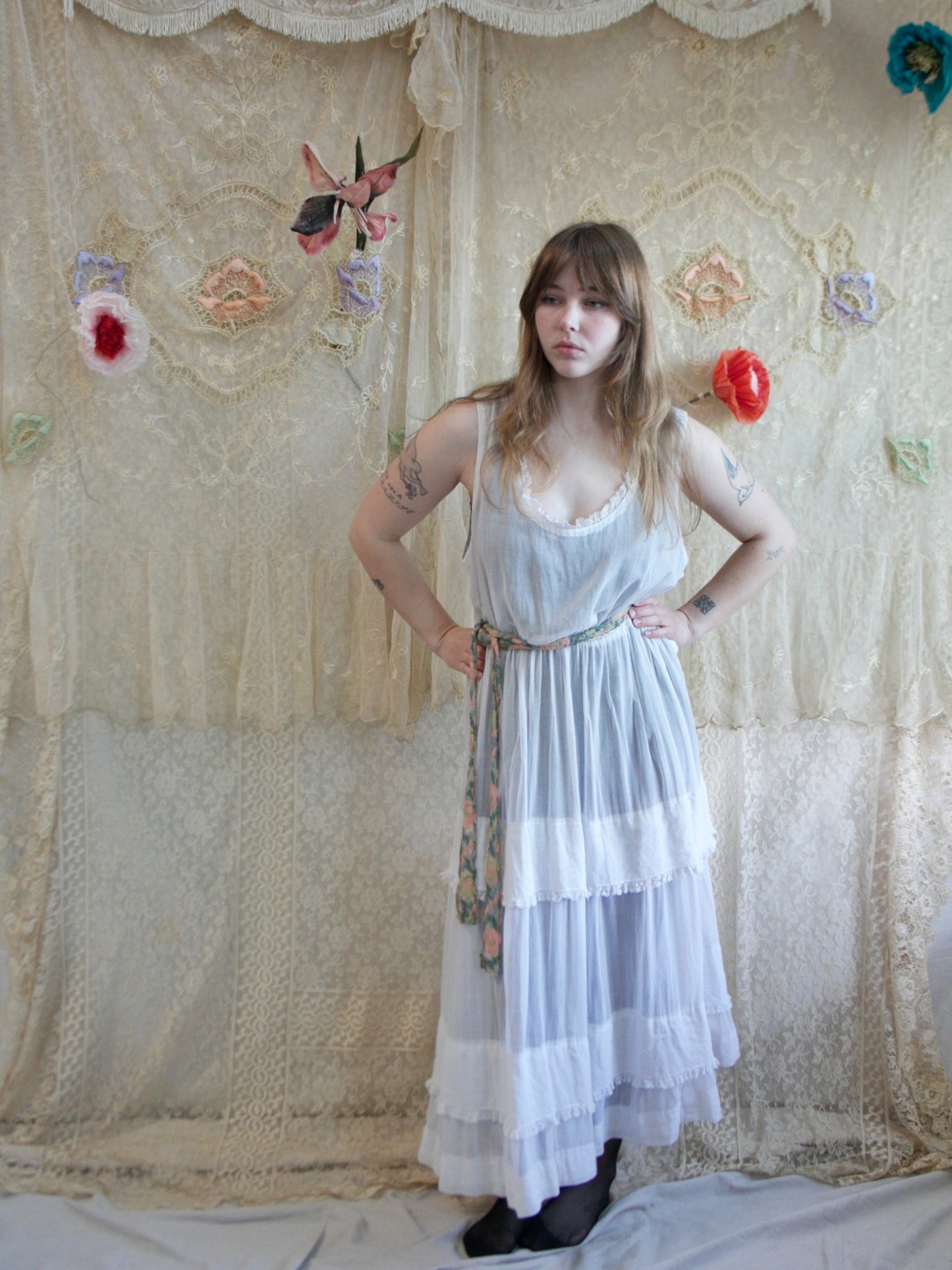 1920s Cotton Lawn Lace Trim Tiered Dress
