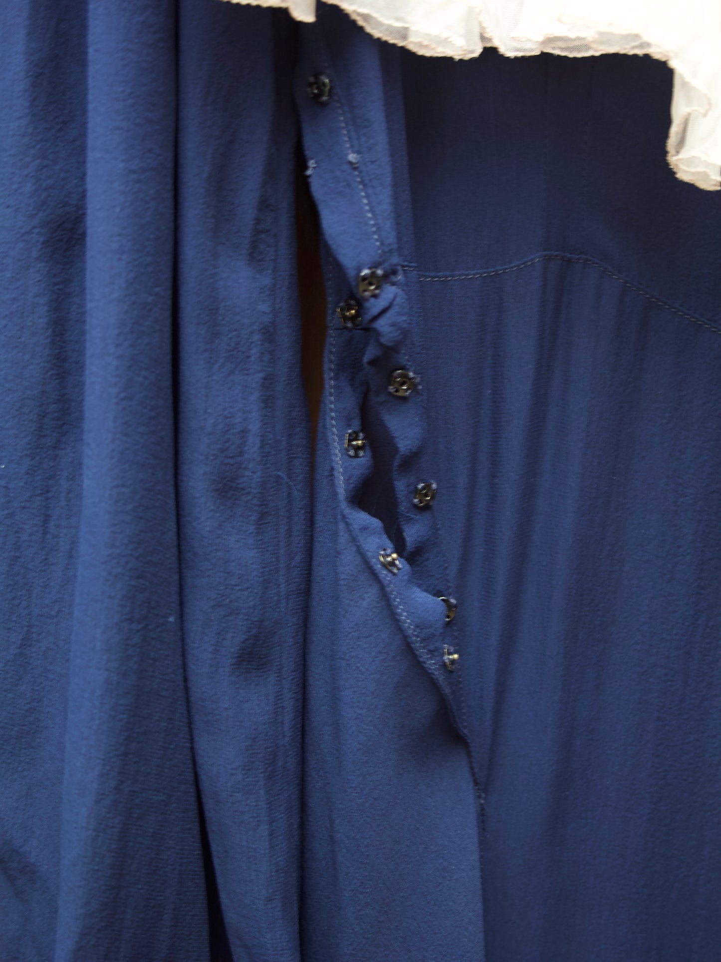 1930s Neckline Flounce Deep Navy Chiffon Bias Cut Bishop Sleeve Gown
