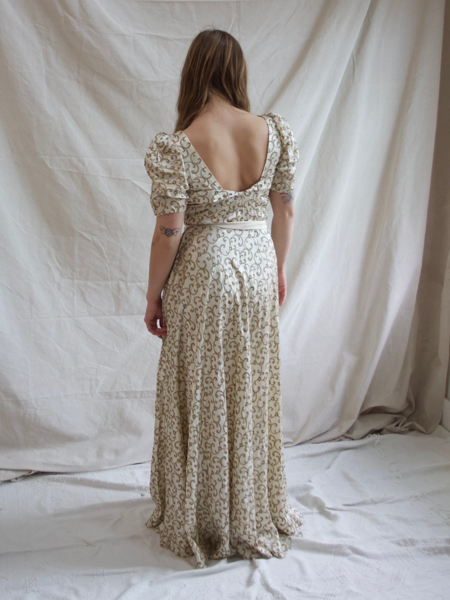 1930s Candlelight Silk Satin Lamé Embroidered Puff Sleeve Sweetheart Gown