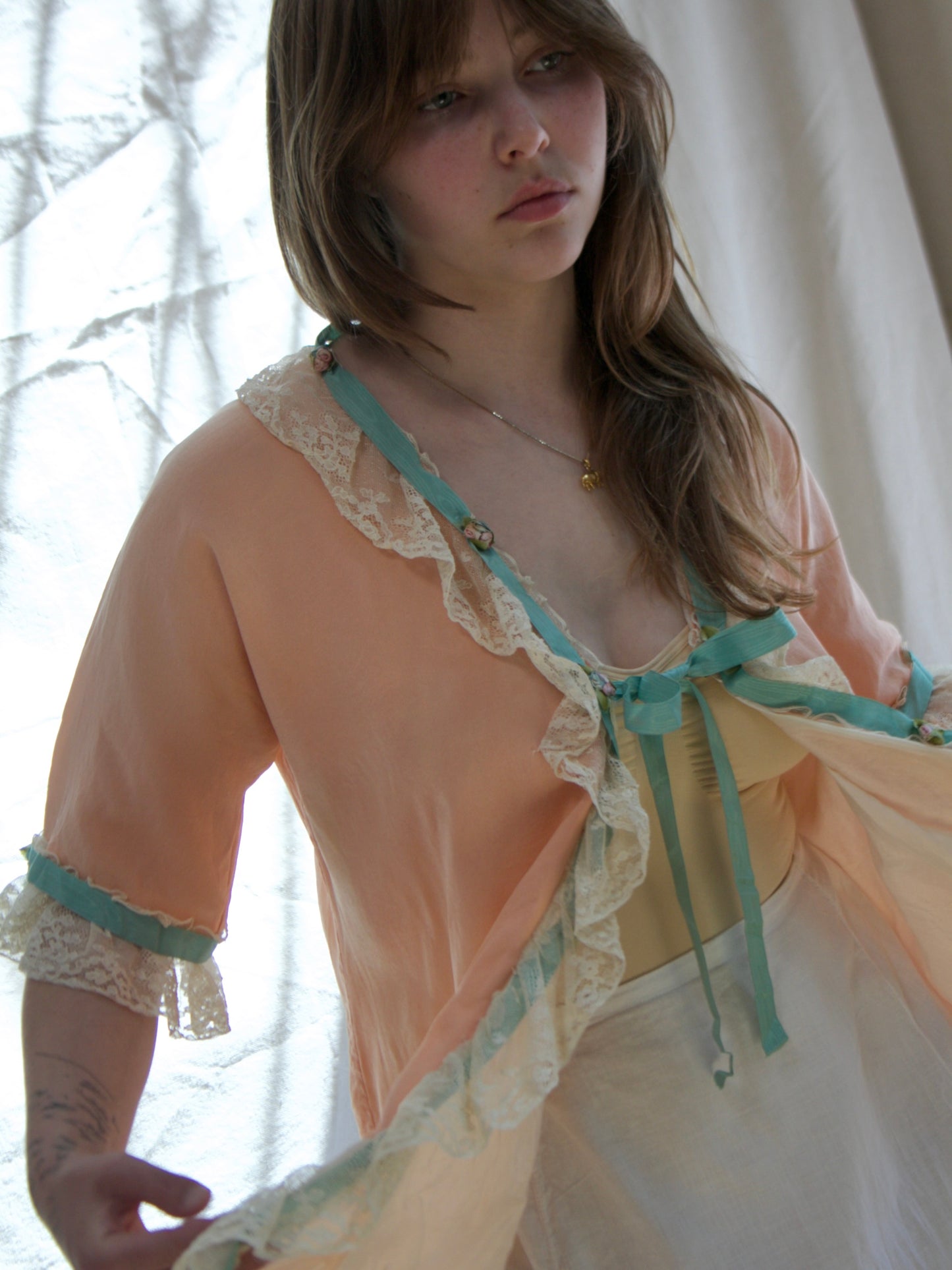 Special 1930s Silk Crepe Lace Trim Boudoir Jacket W* Rosettess/Ribbons
