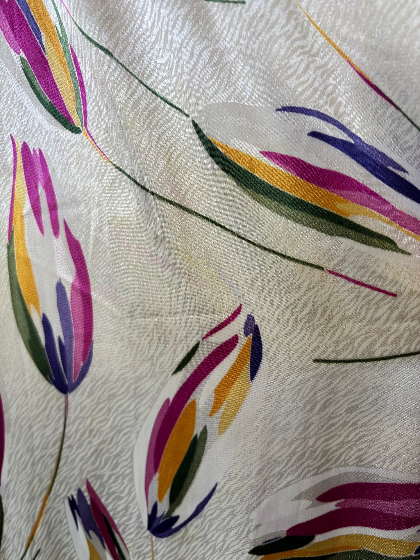 1930s Painterly Tulip Print Heavy Silk Tie Waist Trained Gown