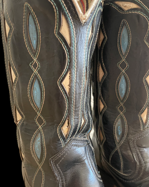 1950s/ 1960s Inlay Black Leather Pull Tab Cowboy Boots