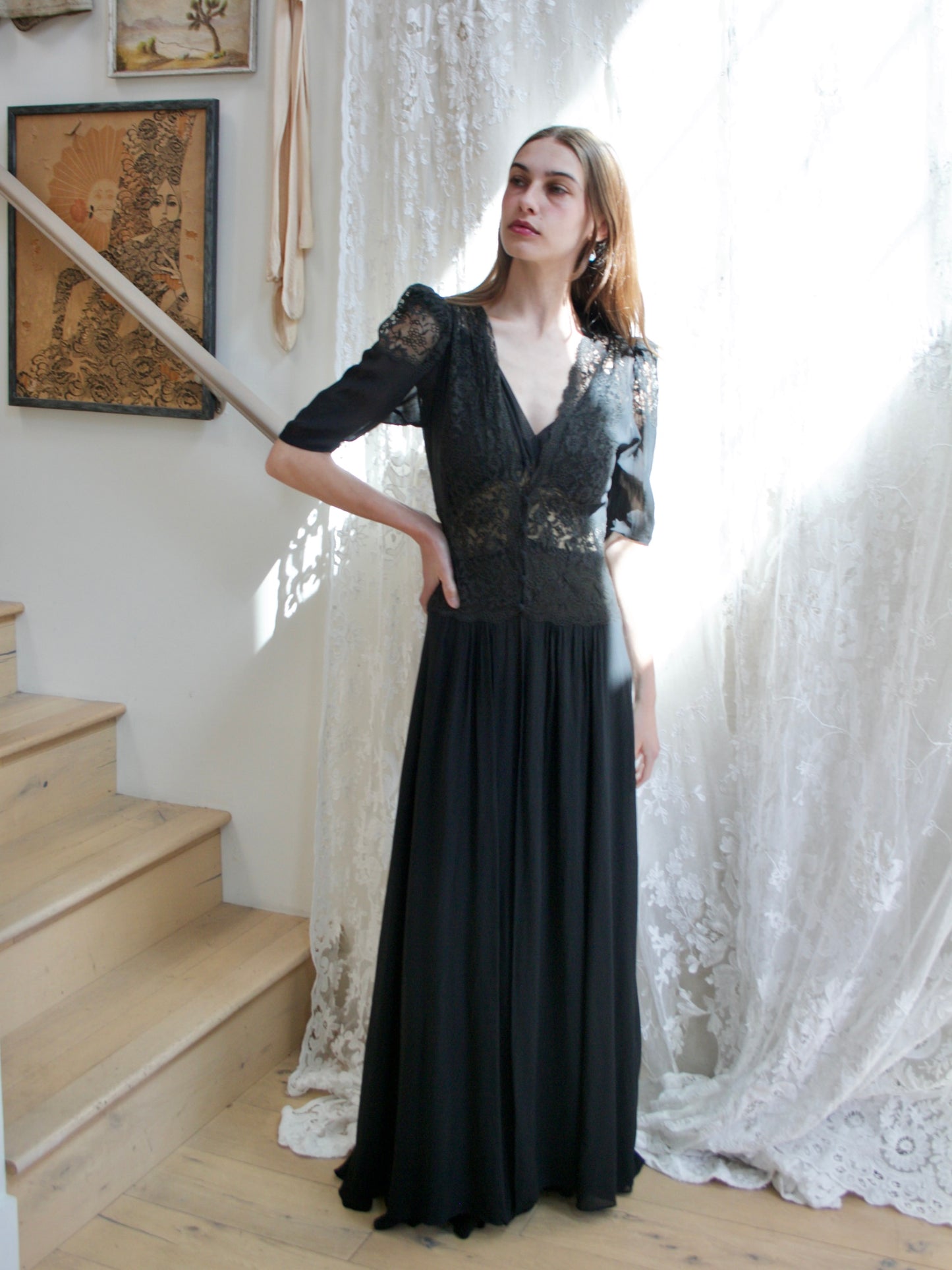 1930s Two Piece Inky Black Silk & Lace Gown/ Peignoir Set