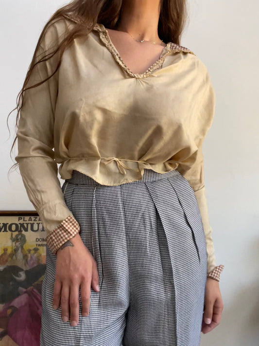 1910s/1920s Pongeee Silk & Gingham Trim Sailor Collar Blouse
