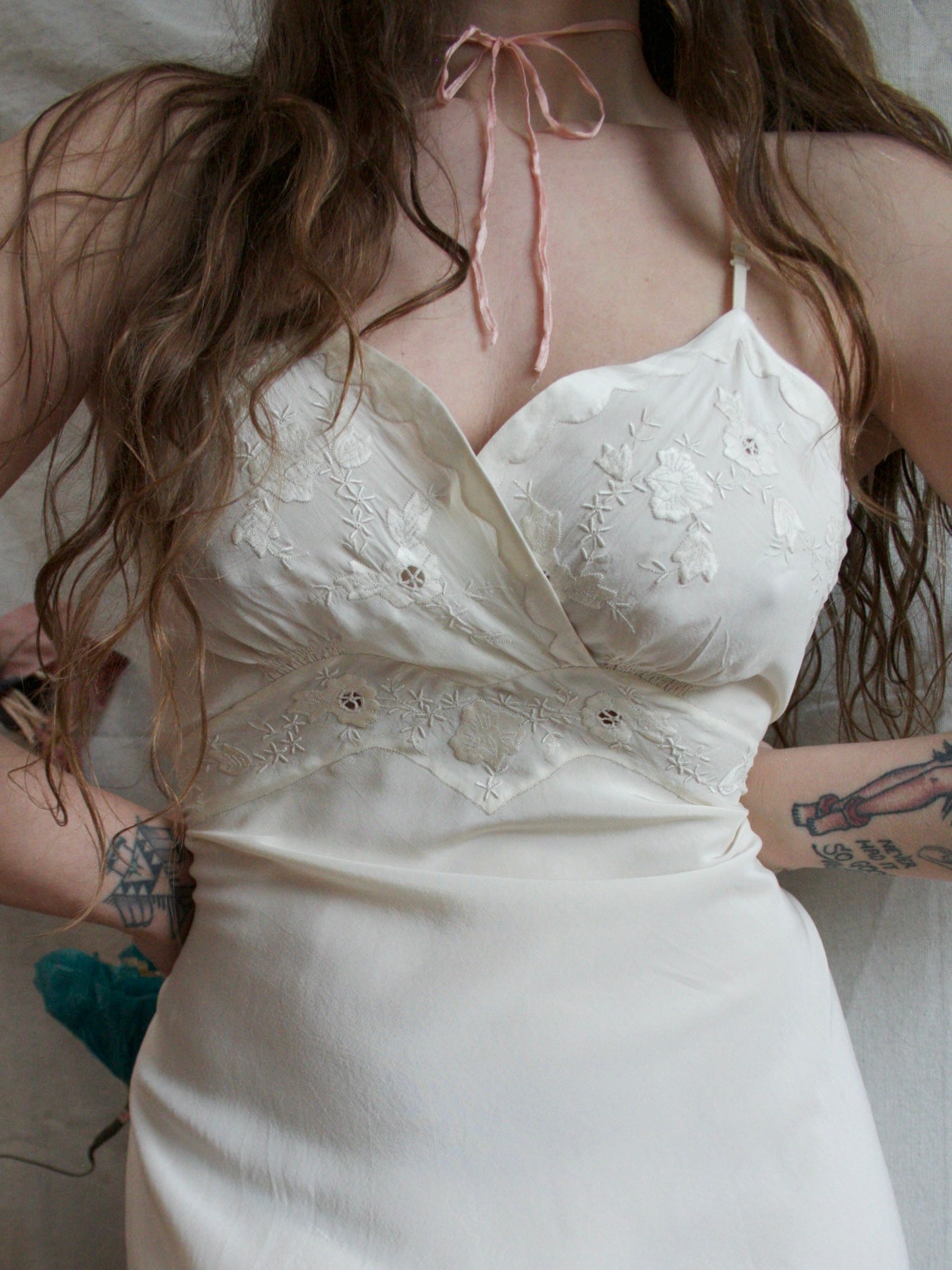 1930s Cream Petal Bust Appliqué Silk Bias Cut Short Slip